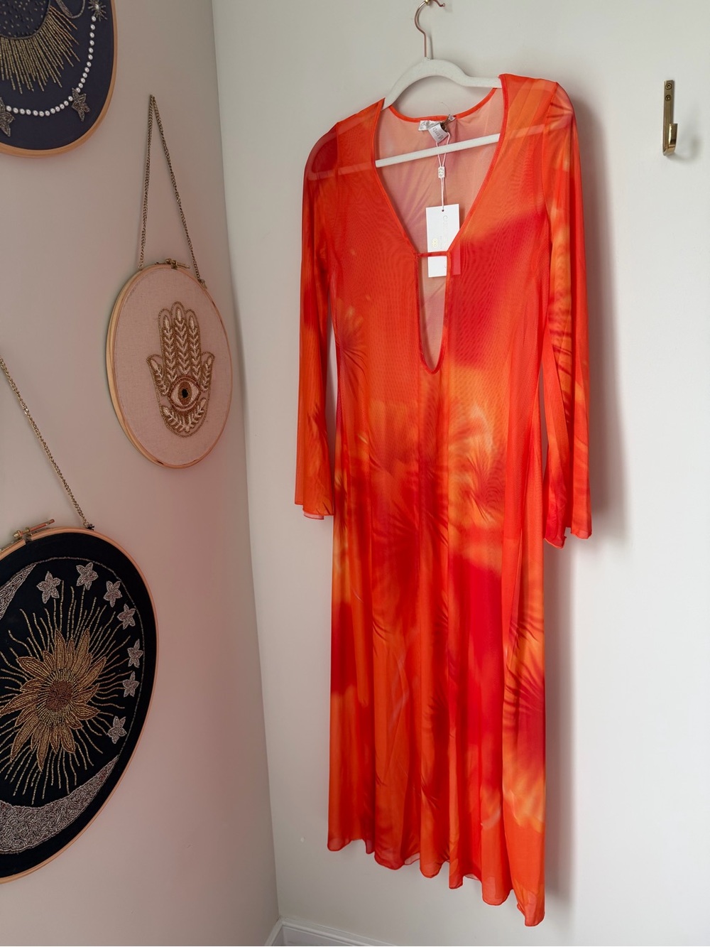 Caroline Constas Orange Tie-Dye mesh b neck cover up Maxi Dress